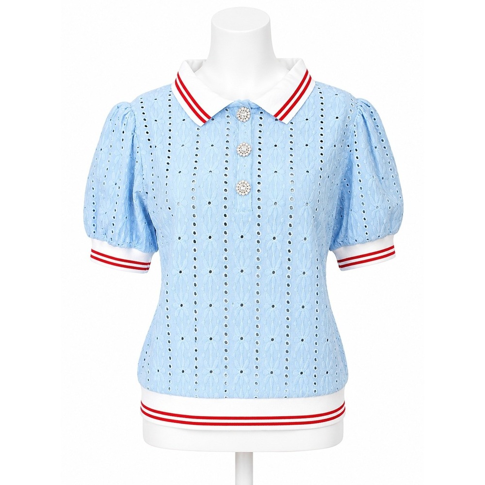 Maeve Light Blue Eyelet Knit Puff Sleeve Polo with Red-Trim Collar